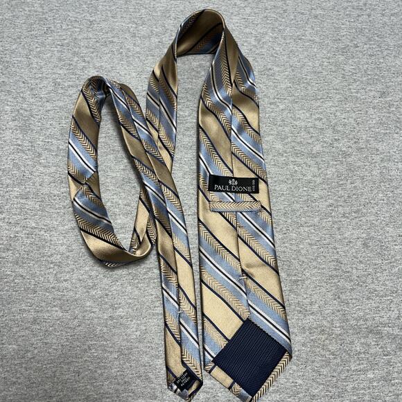 Paul Dione Men's 100% Silk Neck Tie Repp Stripe 3.5"-60" Beige/Blue Classic - Picture 5 of 5